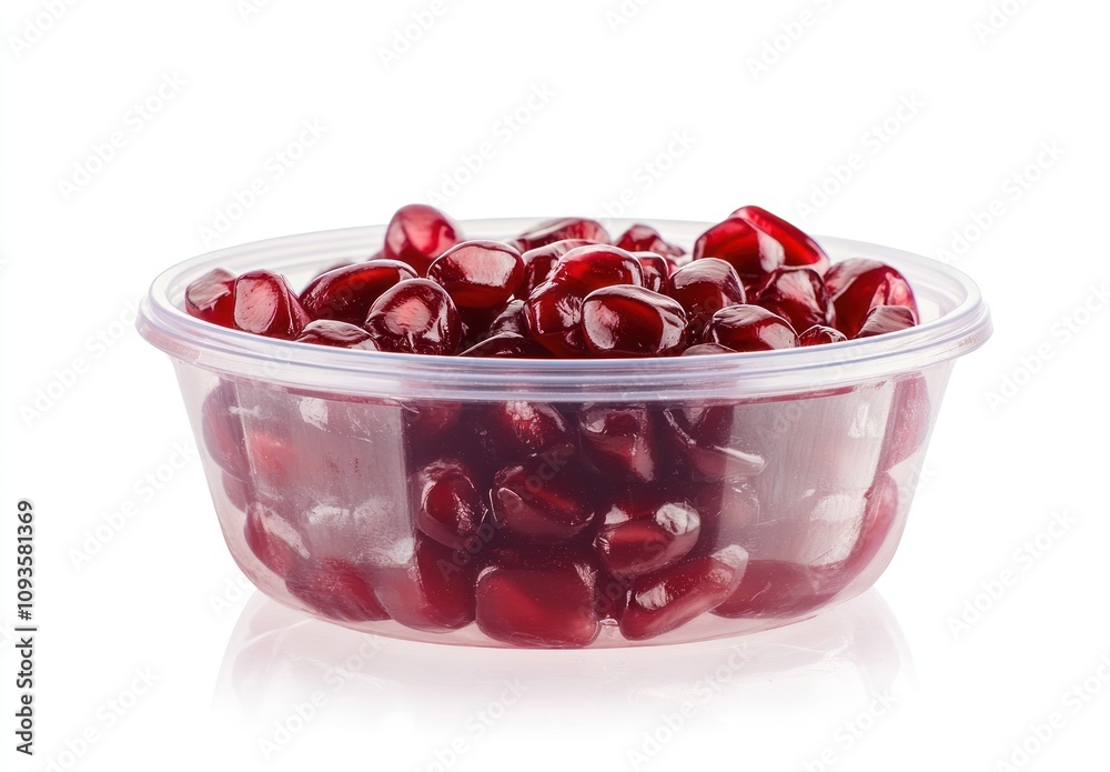 A clear plastic container filled with vibrant red pomegranate seeds. A clear plastic container filled with vibrant red pomegranate seeds.