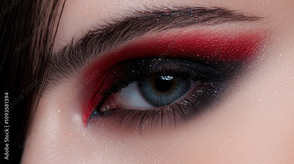 Fototapeta premium A woman's eye with a red and black eye shadow