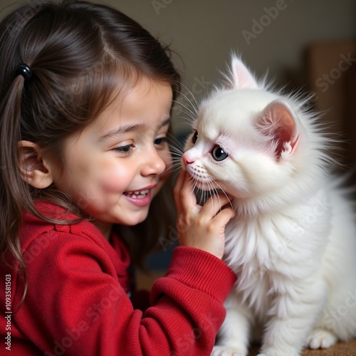 Little girl smiling and playing with fluffy white kitten in a cozy indoor setting