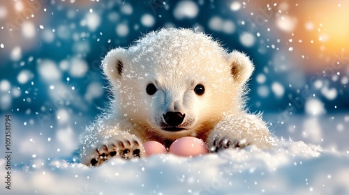 A baby polar bear laying in the snow with an egg