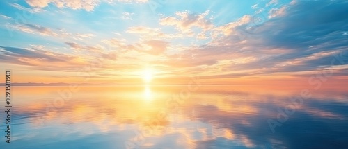 Calm ocean reflecting a vibrant sunset sky with colorful clouds.