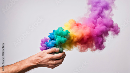 Hand holding a smoke bomb with rainbow smoke coming out. Beautiful colors, plain white background,