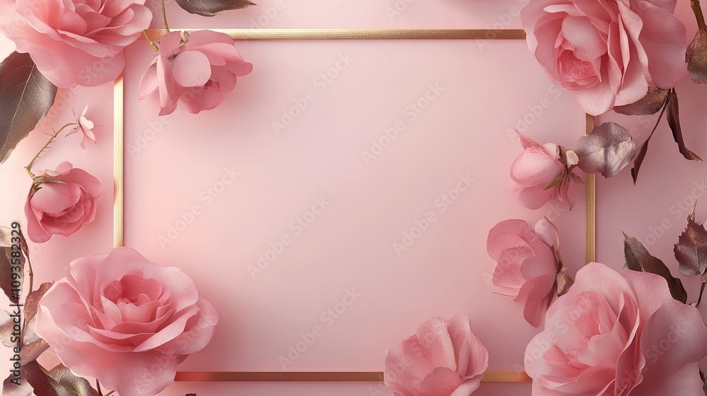 Obraz premium Pink Roses Gold Frame Elegant Floral Background