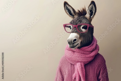 A humorous portrait of a donkey dressed in glasses and a pink clothes with copy space, blending whimsy and quirky fashion for advertising.