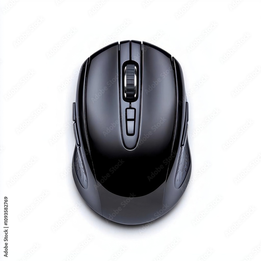 A photostock of a sleek black computer mouse, centered on a minimal white background. High Quality A photostock of a sleek black computer mouse, centered on a minimal white background. High Quality