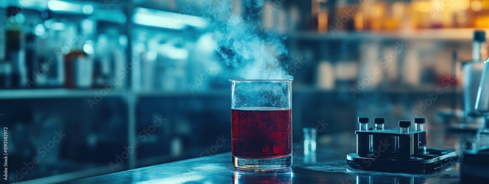 A glass with a smoky red drink, set in a laboratory-like environment. A glass with a smoky red drink, set in a laboratory-like environment.