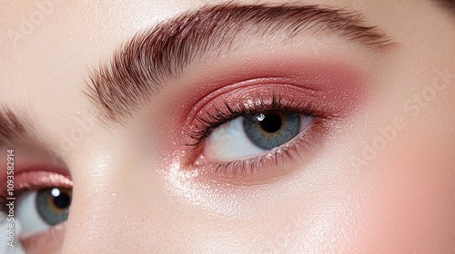 A woman with long brown hair and blue eyes is wearing pink eye shadow