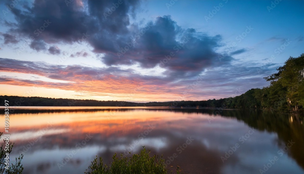 Fototapeta premium Colorful Sunset Over Serene Lake with Vibrant Reflections and Dramatic Clouds