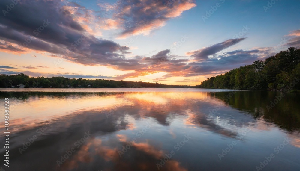Colorful Sunset Over Serene Lake with Vibrant Reflections and Dramatic Clouds Colorful Sunset Over Serene Lake with Vibrant Reflections and Dramatic Clouds