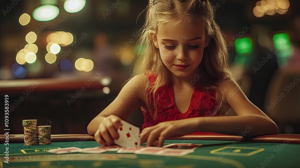 Young girl playing cards at a casino table. Young girl playing cards at a casino table.