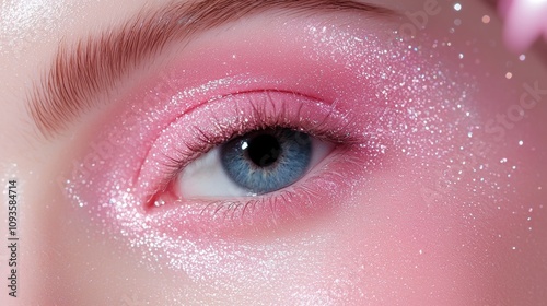 A woman's eye is highlighted with pink glitter