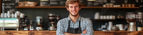 A smiling barista stands confidently in a cozy coffee shop, showcasing a welcoming atmosphere.