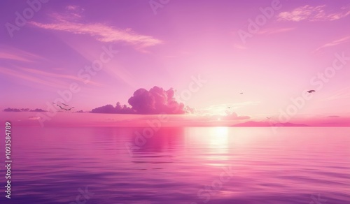 purple sunset over the ocean with birds flying in the sky