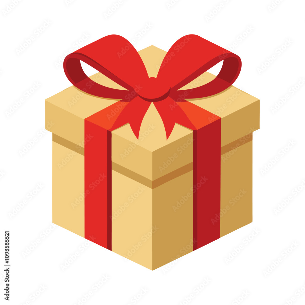 Fototapeta premium Christmas Gift Box Vector - Craft Paper Wrapping with Red Ribbon, Minimalist and Elegant Festive Holiday Design