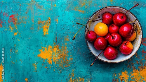 A bowl of cherries sitting on top of a blue table