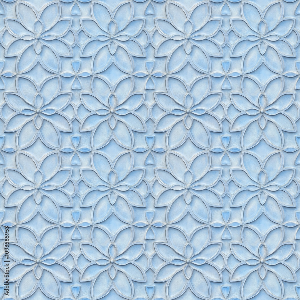 Fototapeta premium Bright blue seamless ceramic tile style floral pattern.