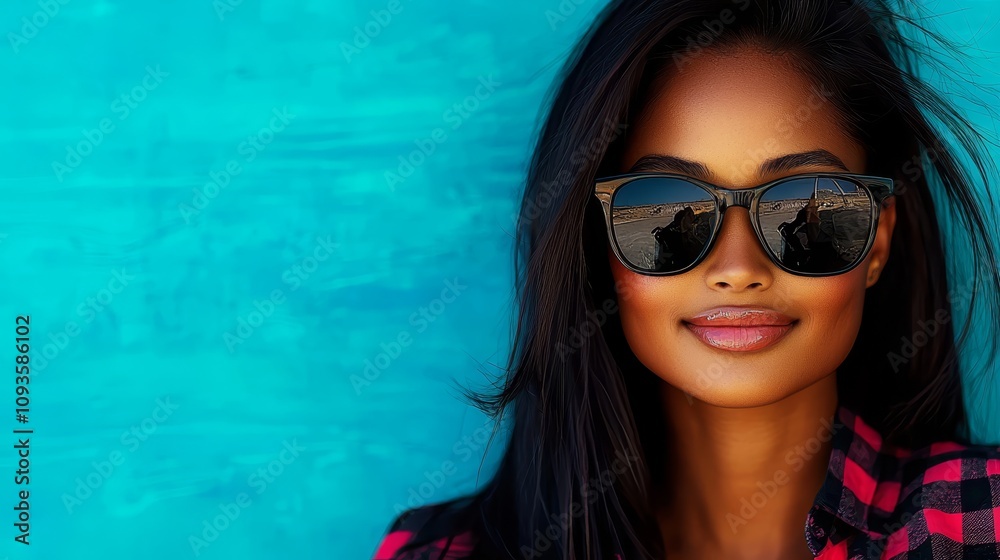 A woman wearing sunglasses standing in front of a blue wall A woman wearing sunglasses standing in front of a blue wall