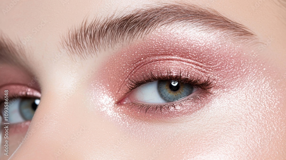 Naklejka premium A woman with light brown hair and blue eyes is wearing pink eye shadow