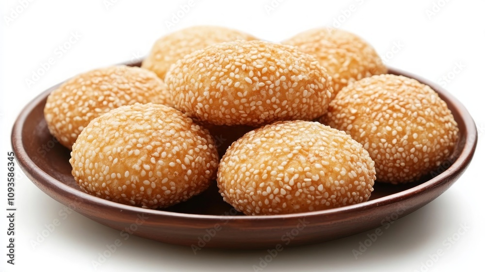 A plate of round, sesame-seed covered pastry balls. A plate of round, sesame-seed covered pastry balls.