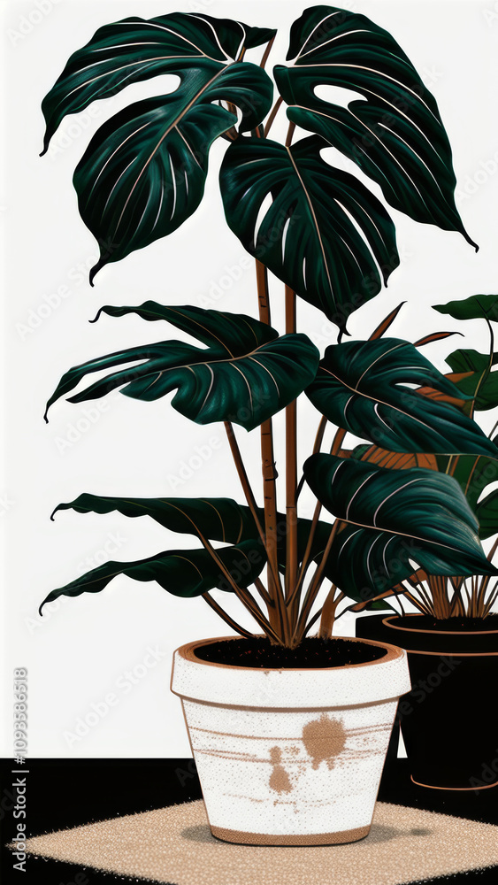 Stylized Illustration of Monstera Plant in Textured Pots for Modern Interiors Stylized Illustration of Monstera Plant in Textured Pots for Modern Interiors