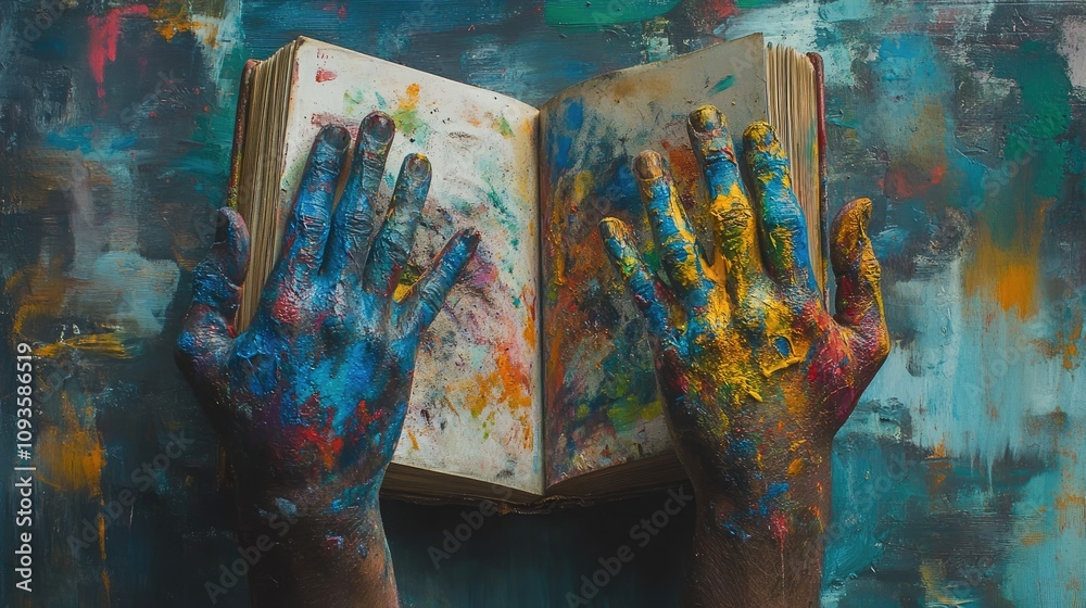 Fototapeta premium Painted Hands Hold Open Antique Book Against Abstract Background