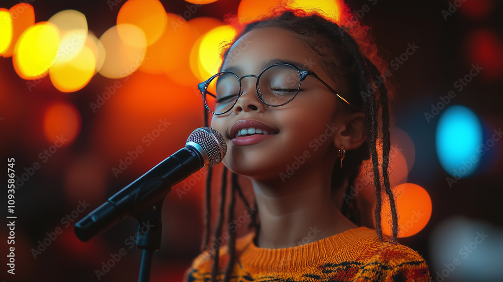 kid happily singing with microphone on solid background kid happily singing with microphone on solid background