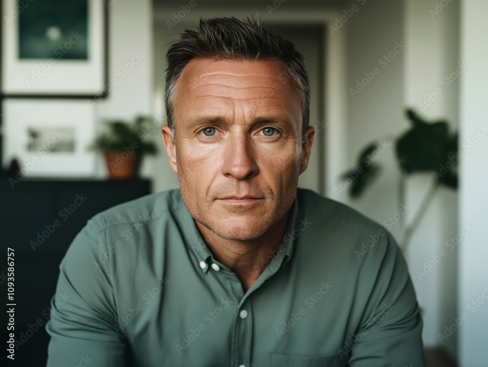 Serious man in a green shirt sitting confidently in a calm office environment
Serious man in a green shirt sitting confidently in a calm office environment