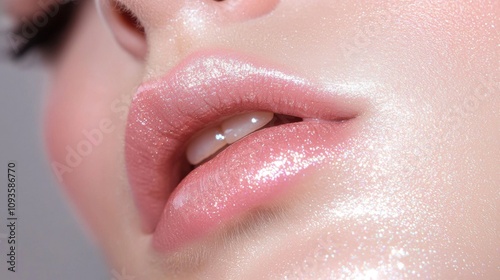 A woman's lips are painted with a shimmery pink lip gloss