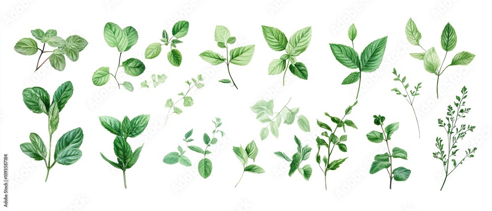 Watercolor collection of various green herbs and leaves isolated on white background. Watercolor collection of various green herbs and leaves isolated on white background.