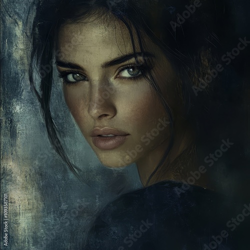  A digital painting of a woman's face with blue eyes