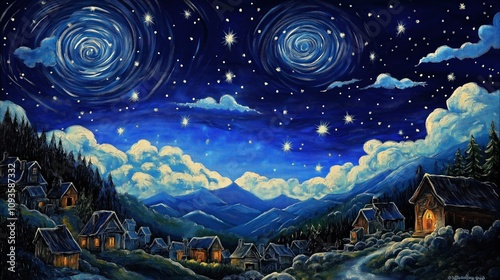 Night sky with stars over quaint village nestled in valley. Illuminated houses with warm light depict peaceful rural scene. Dark silhouettes of trees, mountains embrace quiet village. Misty clouds