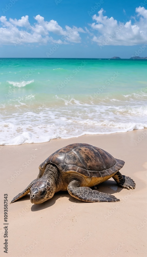 Fototapeta premium Sea turtle crawling onto the shore from the ocean under a vibrant blue sky and clear waters 