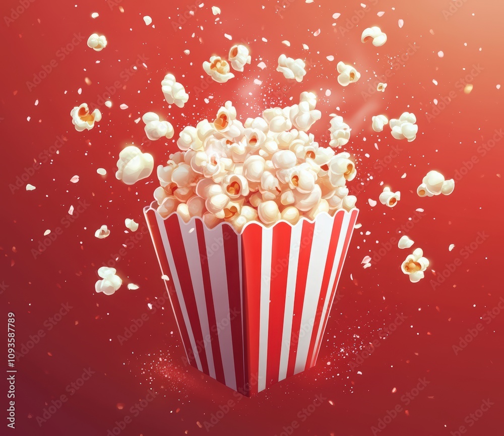National Popcorn Day. Popcorn in a striped red and white box flying out of it on an orange background. Movie poster design. National Popcorn Day. Popcorn in a striped red and white box flying out of it on an orange background. Movie poster design.