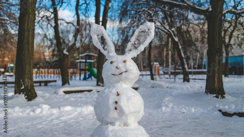 lifestyle photo snowman with rabbit ears in the yard in winter photo