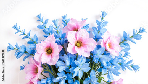 Pink and blue flower bouquet with delicate petals in vibrant arrangement against white background