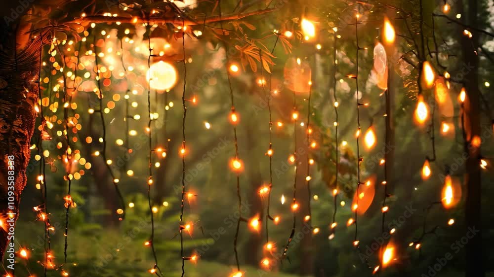 Warm, glowing fairy lights hang from a tree branch, creating a whimsical atmosphere in a green forest setting, Whimsical fairy lights weaving through the air Warm, glowing fairy lights hang from a tree branch, creating a whimsical atmosphere in a green forest setting, Whimsical fairy lights weaving through the air