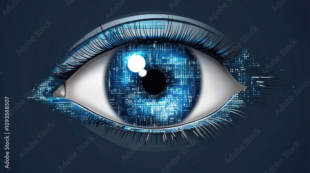 Fototapeta premium Abstract Representation of a Human Eye with Digital Elements Symbolizing Technology, Vision, and Future Innovations in a Futuristic Aesthetic
