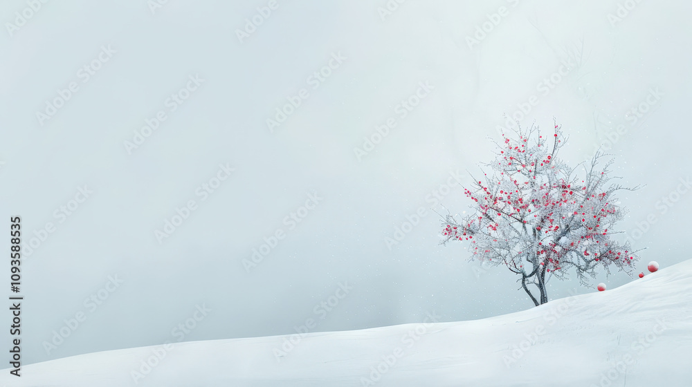 Fototapeta premium christmas snow background with red balls and tree