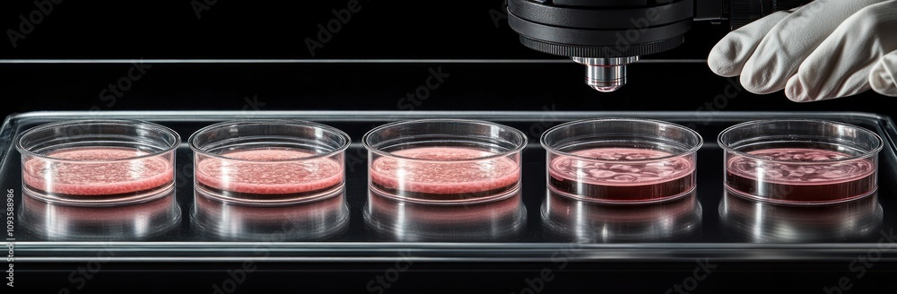 Laboratory setup with petri dishes containing pink substances under a microscope.