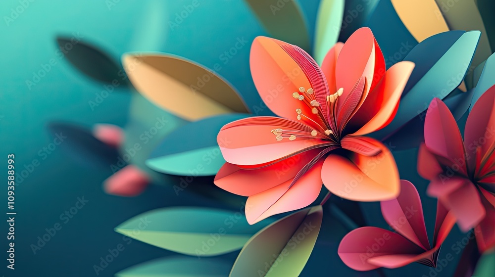 Vivid Coral Flowers and Teal Leaves Abstract Art Vivid Coral Flowers and Teal Leaves Abstract Art