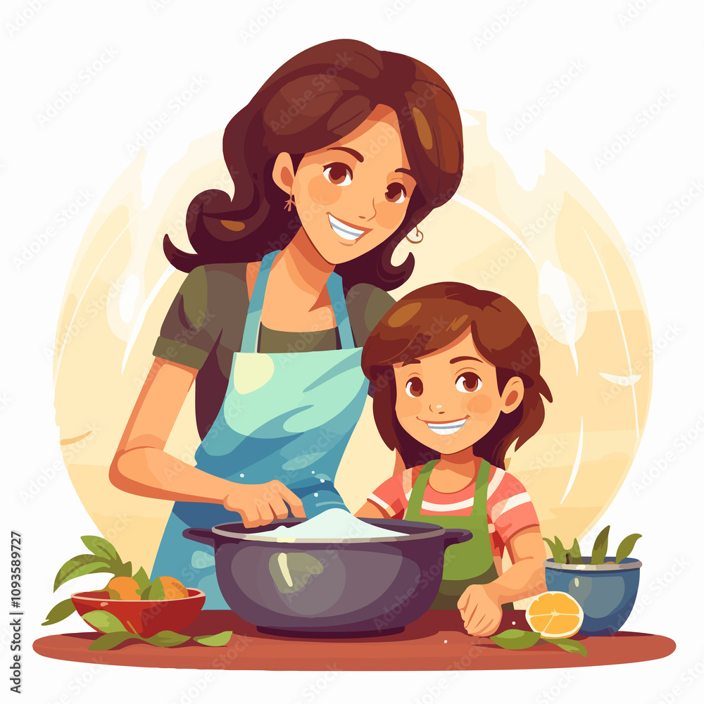 Family Cooking Together: Mother and Daughter in Kitchen
