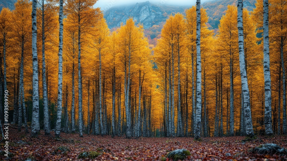 Fototapeta premium Majestic Autumn Forest with Vibrant Yellow Leaves and Tall Trees in a Serene Landscape Surrounded by Rocky Mountains and Soft Mist in the Background
