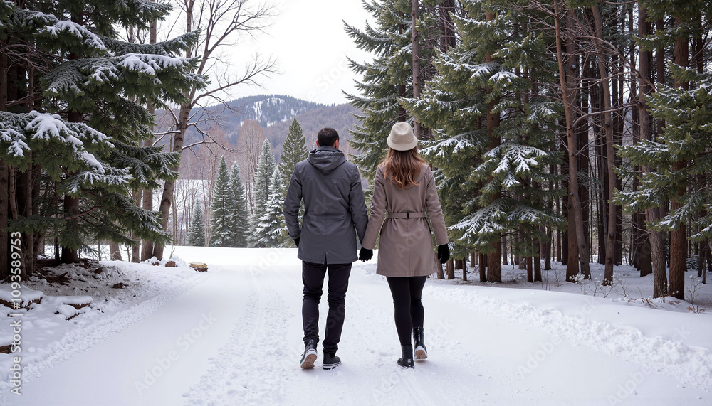 Couple walking hand in hand in a snowy forest in winter Couple walking hand in hand in a snowy forest in winter