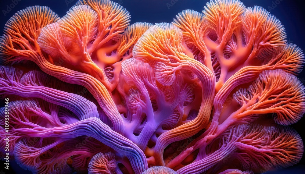 Intricate Organic Coral Like Structures with Vivid Branching Patterns. Microscopic Exploration of Neural Networks and Natural Ecosystems Highlighting Gradient Colors and Textural Complexity Intricate Organic Coral Like Structures with Vivid Branching Patterns. Microscopic Exploration of Neural Networks and Natural Ecosystems Highlighting Gradient Colors and Textural Complexity