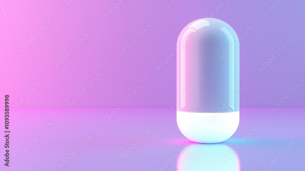 A small white object with a blue top sits on a purple background A small white object with a blue top sits on a purple background