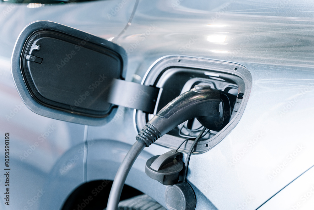 Charging an electric car. Modern electric car Charging an electric car. Modern electric car