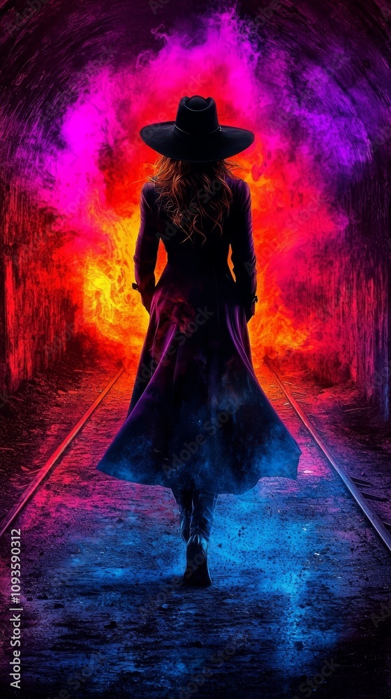 A woman in a black coat and hat walking through a tunnel A woman in a black coat and hat walking through a tunnel
