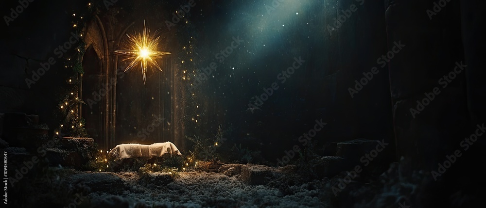 Fototapeta premium Baby Jesus in manger scene with star.