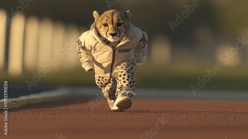 A cheetah in a tracksuit runs on a track, blending animal and athletic themes. photo