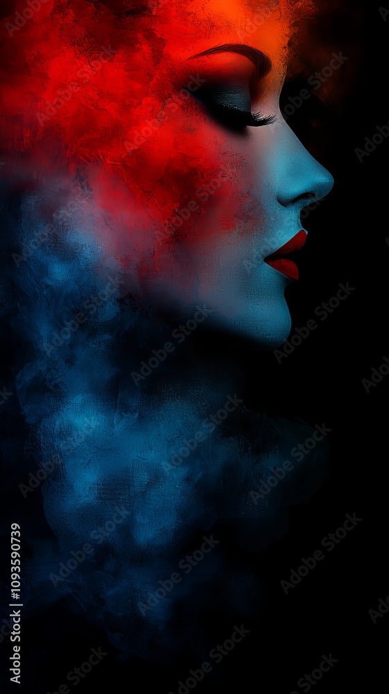 A woman's face with red and blue smoke coming out of her eyes A woman's face with red and blue smoke coming out of her eyes